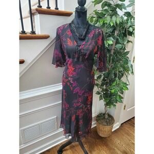 ILE Women's Black Floral Polyester V-Neck Half Sleeve Knee Length Dress Size 10